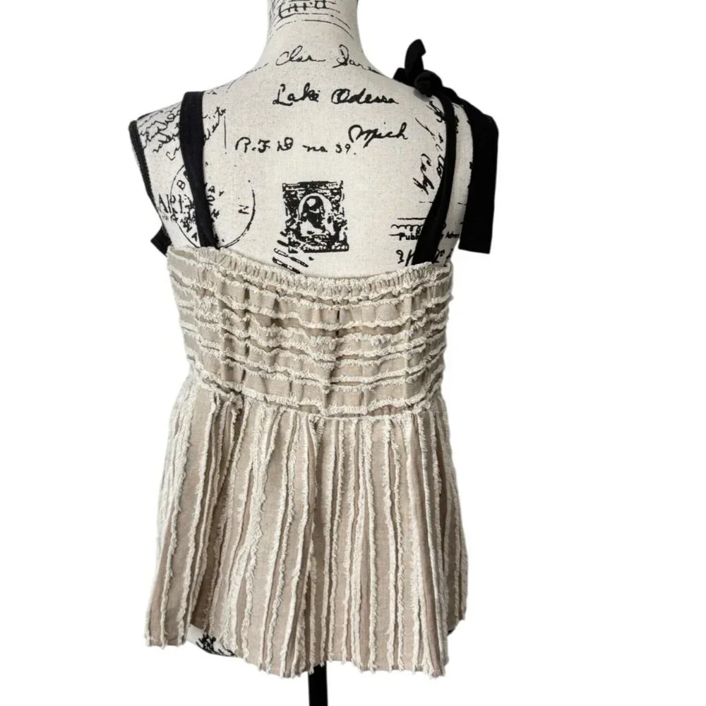 Anthropologie Maeve Soeli Textured Fringe Tank Top Black Ribbon Strap Size M - Picture 5 of 8